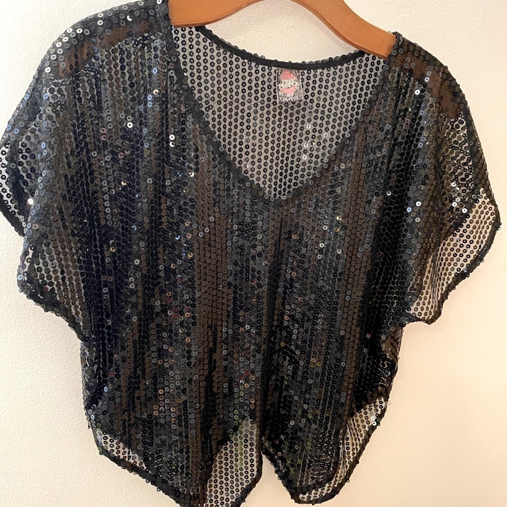Free People Butterfly Hem Black Sequin Semi-Sheer Fairycore Crop Top